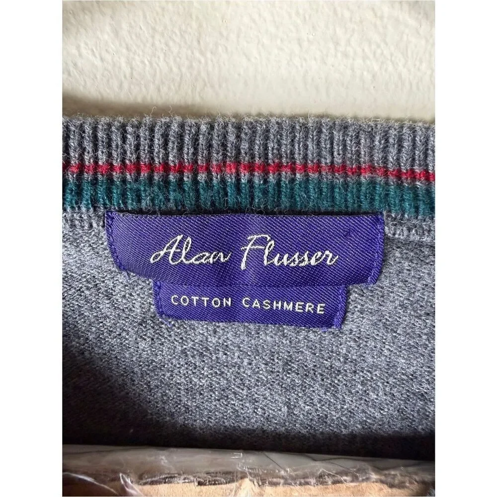 Alan Flusser Cashmere Cotton V Neck Long Sleeve Pullover Sweater Mens XL Grey